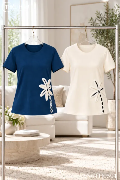 Áo Thun Trung Niên Cotton Thêu Hoa Nữ Tính AN6TH0501 | Thiều Hoa