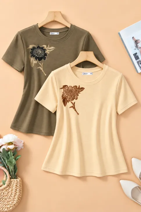 Áo Thun Trung Niên Thêu Hoa Ánh Kim Thanh Lịch AN6TH0224 | Thiều Hoa