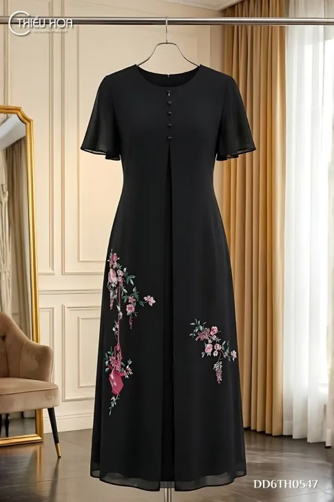 Đầm trung niên lụa phối vải dệt hiệu ứng tơ DD6TH0547