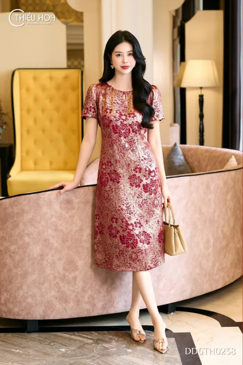 Đầm Trung Niên Vải Lụa Dáng Suông DD6TH0238 Thiết Kế Độc Quyền, Sang Trọng