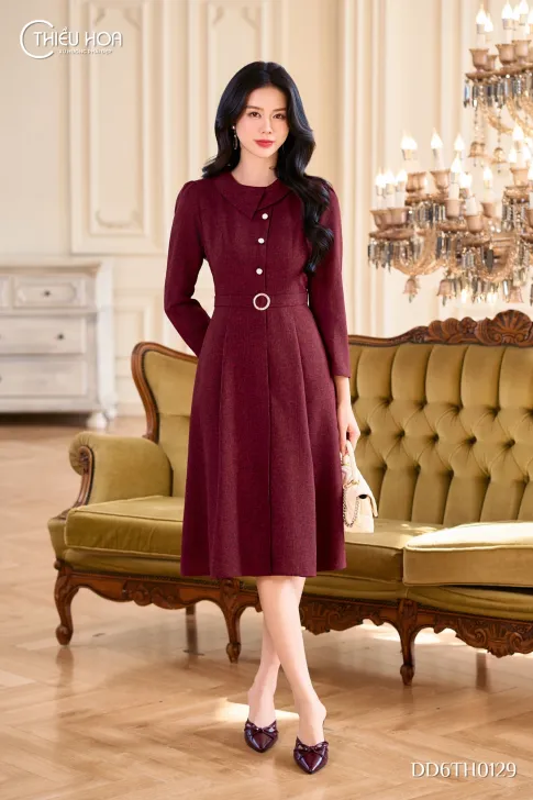 Đầm dự tiệc trung niên Vải dệt texture dạng tweed cổ điển quý phái DD6TH0129 | Thiều Hoa