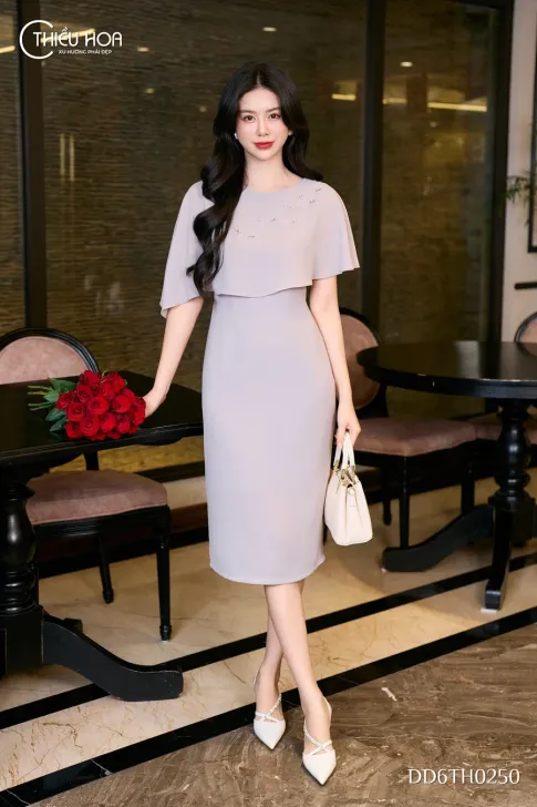 Đầm dự tiệc tơ mềm cổ tròn DD6TH0250 cao cấp, tôn dáng | Thiều Hoa