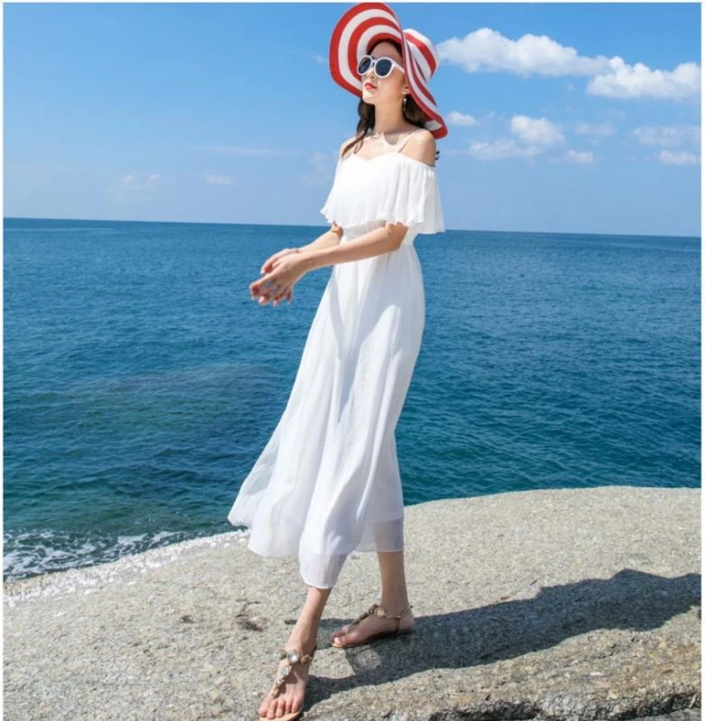 Váy maxi trắng trễ vai đi biển nữ tính  có sẵn   Lami Shop