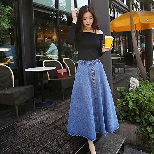 Chân váy jean xòe chữ A phối nút giữa dáng dài lưng cao | Shopee Việt Nam