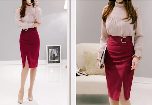 Tiệm may) Chân váy ôm màu đỏ tươi xẻ sau trên gối( váy 2 lớp sẵn size) -  B5C | Shopee Việt Nam