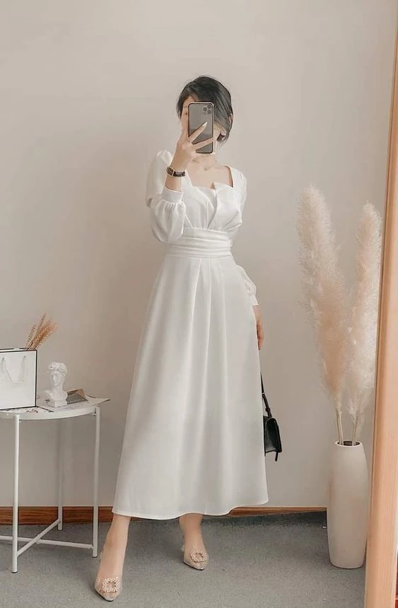 Đầm đẹp dự tiệc tay lửng váy nữ xinh trắng dài đi ăn tiệc cưới dáng xòe  chất liệu cotton gân mịn 2 lớp Milla Dress  MixASale