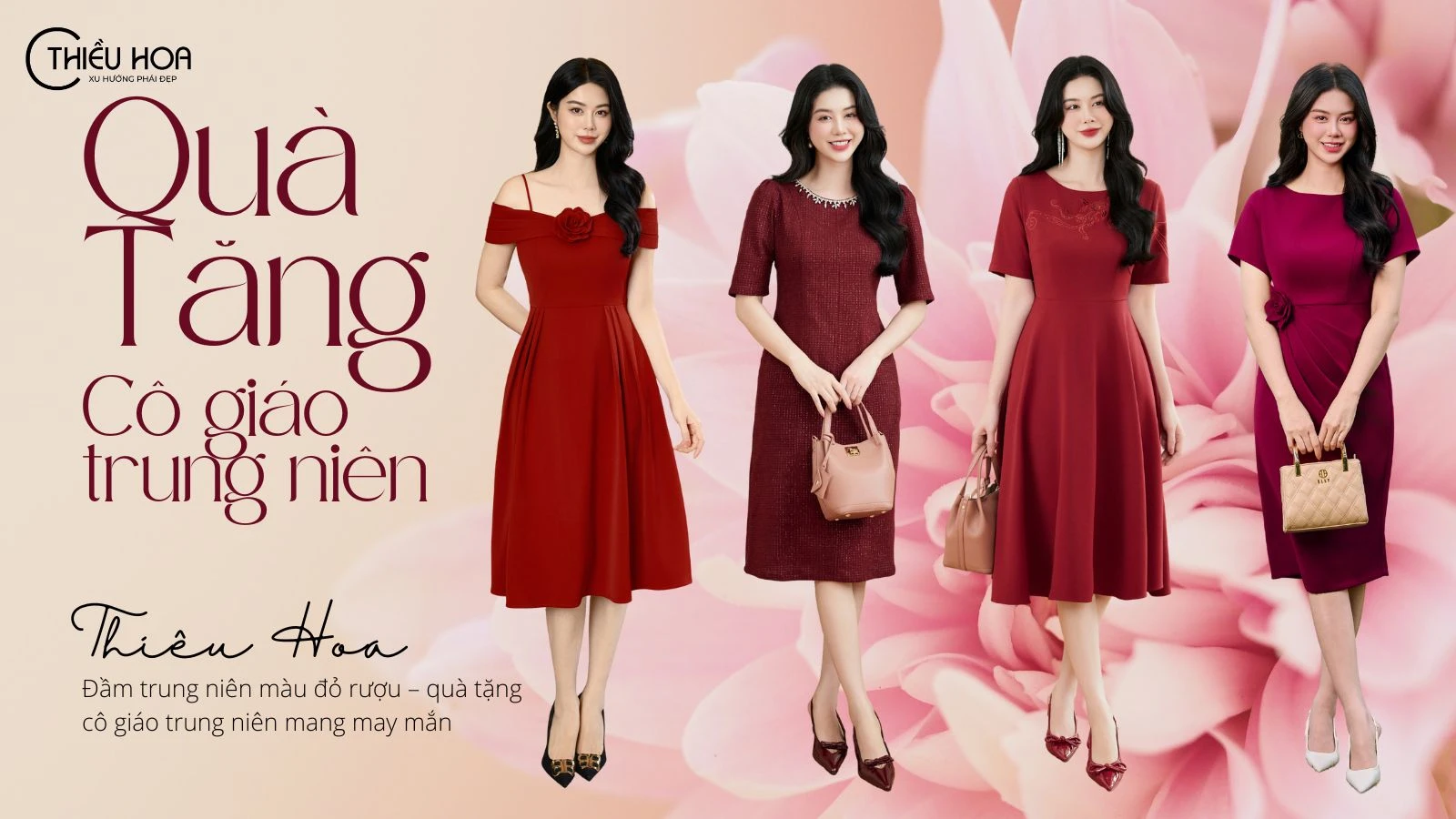 Đầm trung niên màu đỏ rượu – quà tặng cô giáo trung niên mang may mắn