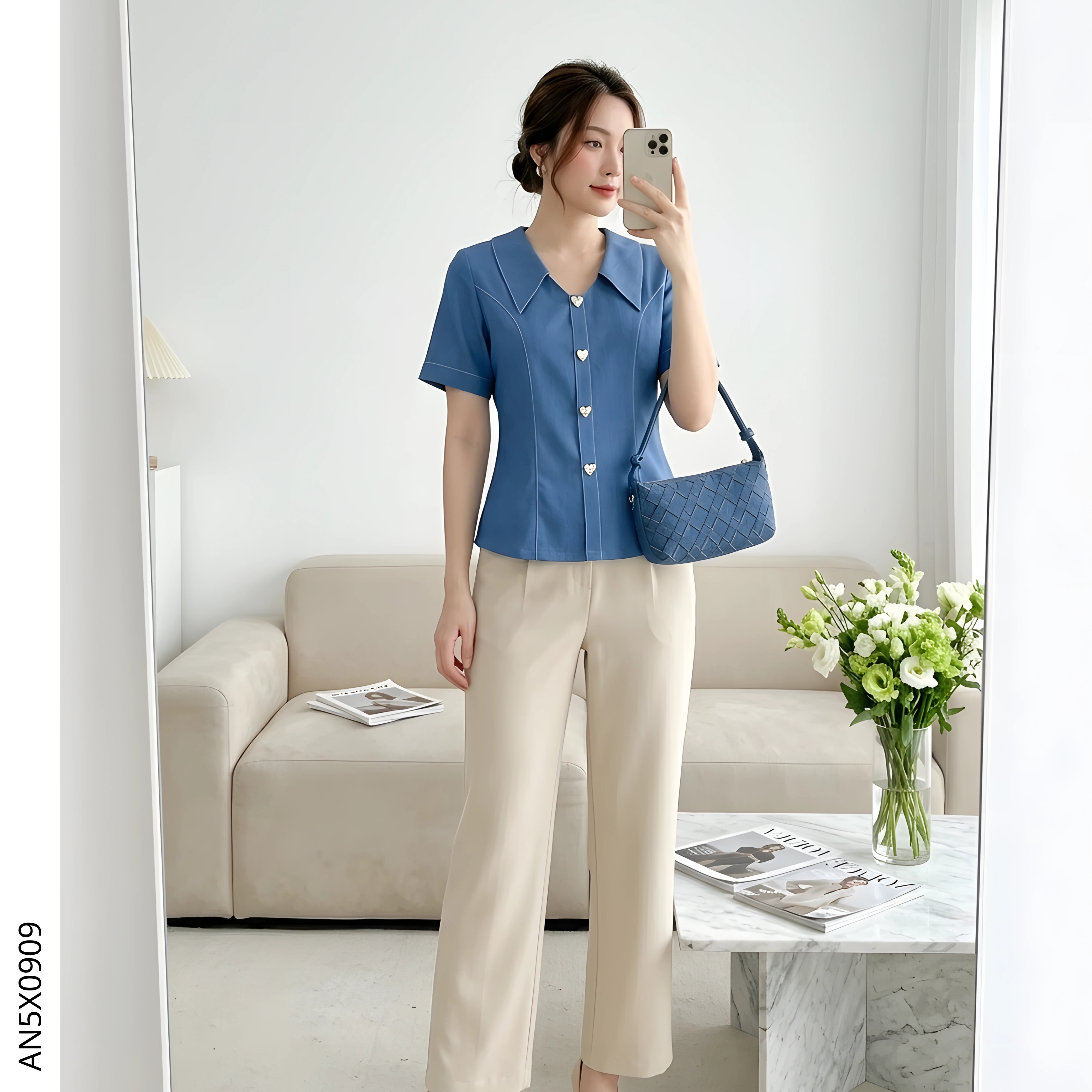 &aacute;o kiểu jean lụa AN5X0909 phong c&aacute;ch trẻ trung hiện đại