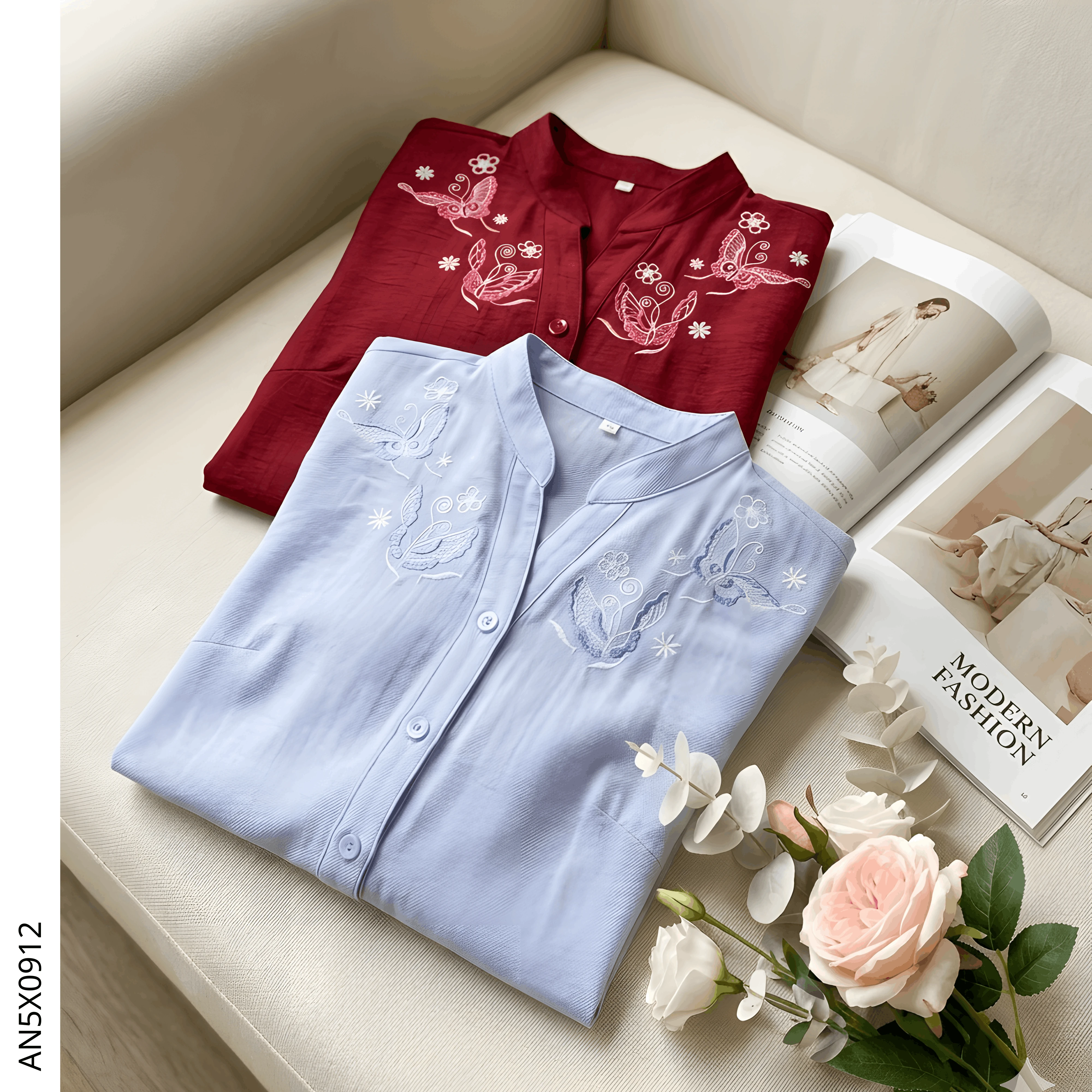 Điểm nổi bật của &aacute;o kiểu trung ni&ecirc;n tơ xước AN5X0912 th&ecirc;u nổi h&igrave;nh bướm v&agrave; hoa sắc n&eacute;t