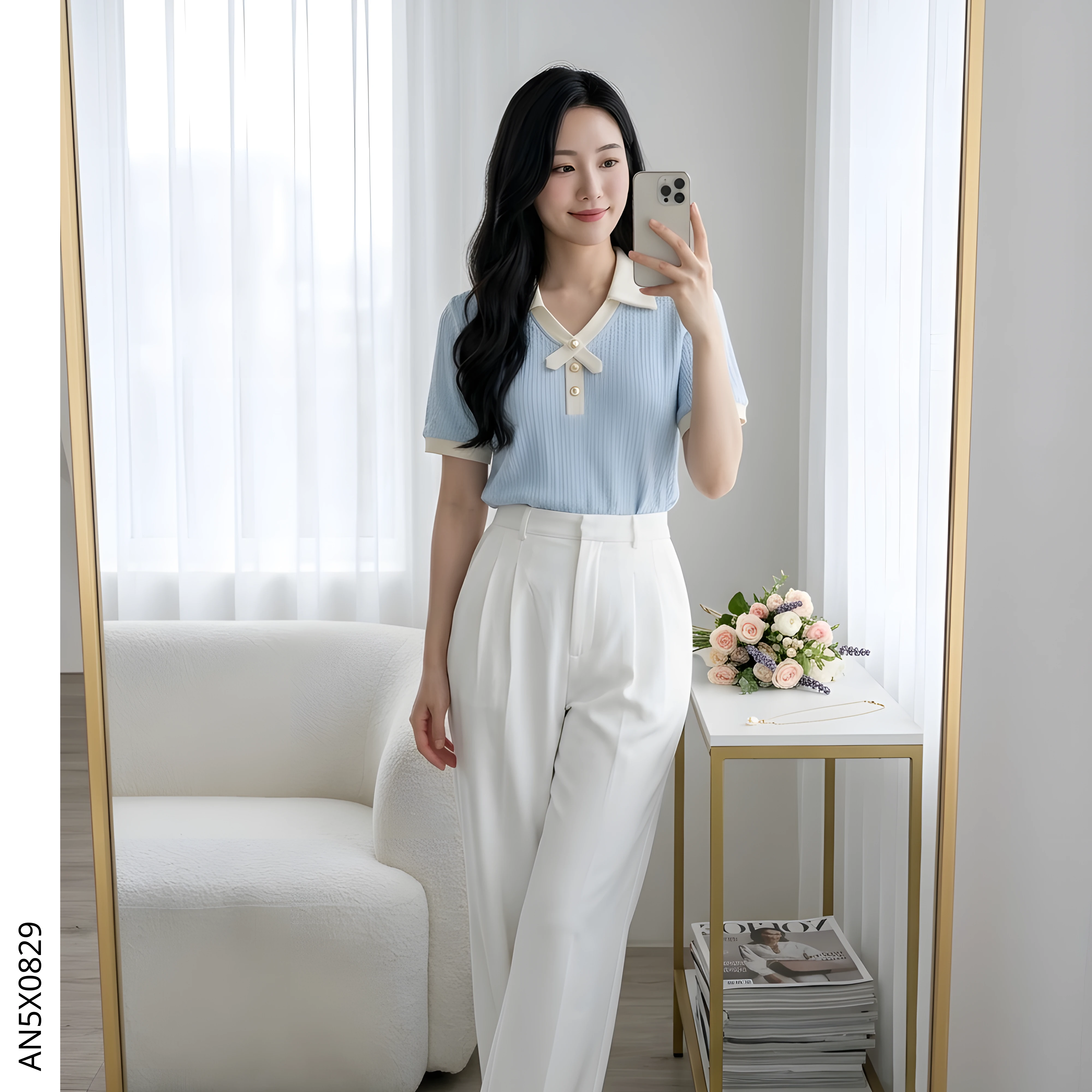 &aacute;o kiểu trung ni&ecirc;n vải thun dệt g&acirc;n AN5X0829 Sự lựa chọn của qu&yacute; c&ocirc; hiện đại