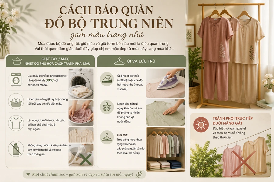 Cách bảo quản đồ bộ trung niên ống rộng họa tiết nhã nhặn được bền lâu và giữ màu tốt