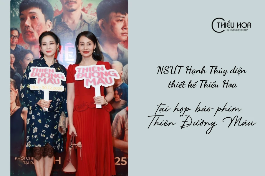 NSƯT Hạnh Thúy diện thiết kế Thiều Hoa tại họp báo phim Thiên Đường Máu